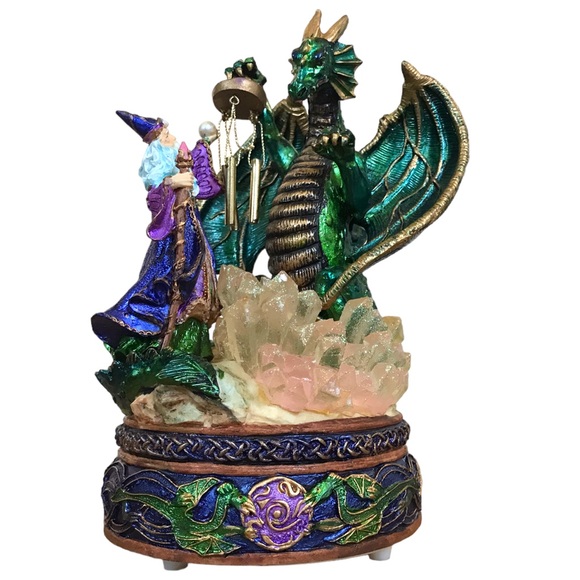 Vintage Musical Sculpture Fantasy Wizard And Dragon Crystals And Wind Chime - Picture 11 of 16